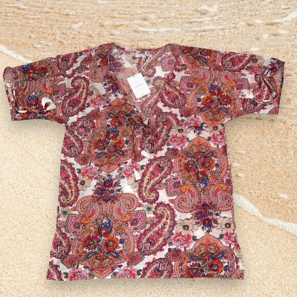 New ONDADEMAR Medium 100% Cotton Floral Paisley Resortwear Deep-V Top/Blouse - Picture 1 of 7